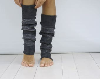 Charcoal And Silver Shining Knitted Striped Leg Warmers, Legwarmers Women, Legwarmers Adult, Gifts For Her, Yoga Gifts