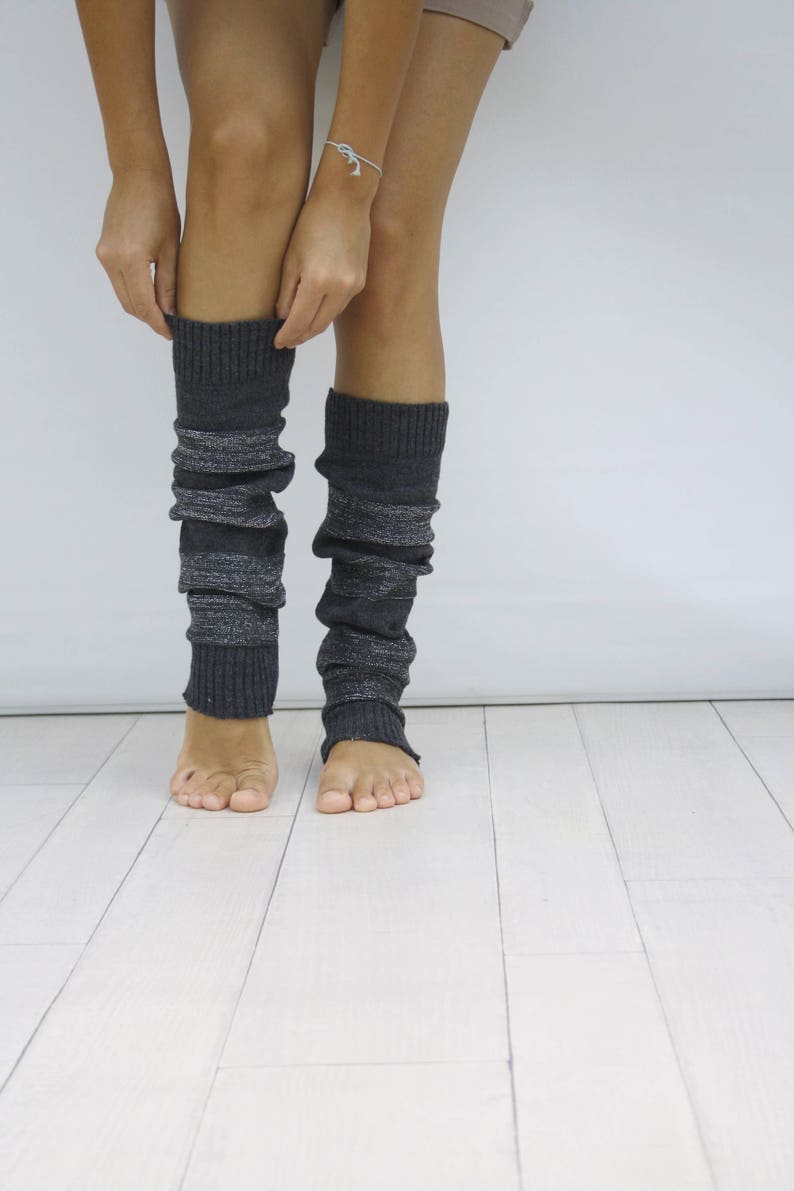 Leg Warmers Women Charcoal and Silver Shining Knit Striped Etsy