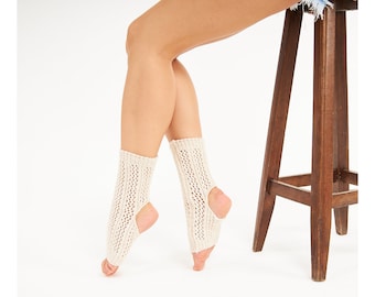Beige Knit Yoga Socks, Toeless Socks, Yoga Leg Warmers, Valentine's Day Gift, Yoga Gift, Gift For Her, Leg Warmers Woman, Ankle Yoga Socks