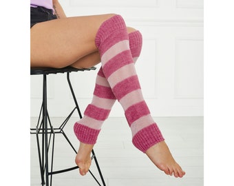 Pink Transparent Striped Knitted Women Leg Warmers