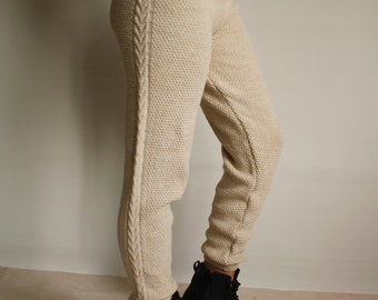 Beige Knit Cable Women Trousers, Pants Women Winter Pants, Mothers Day Gift, Gift for Her, Knitted Trousers, Clothing Gifts