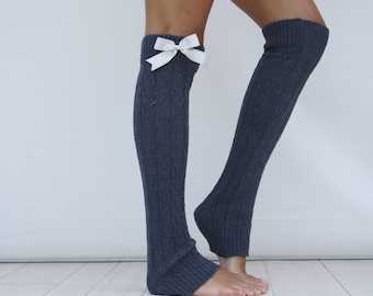 Leg Warmers Women, Indigo Knit Leg Warmers with Silver Gray Ribbon,Yoga Leg Warmers,Dancing Leg Warmers, Valentine's Day Gift , Gift For Her