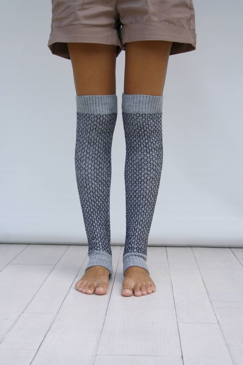 Light Gray Knit Leg Warmers With Navy Blue and Silver Shining Etsy