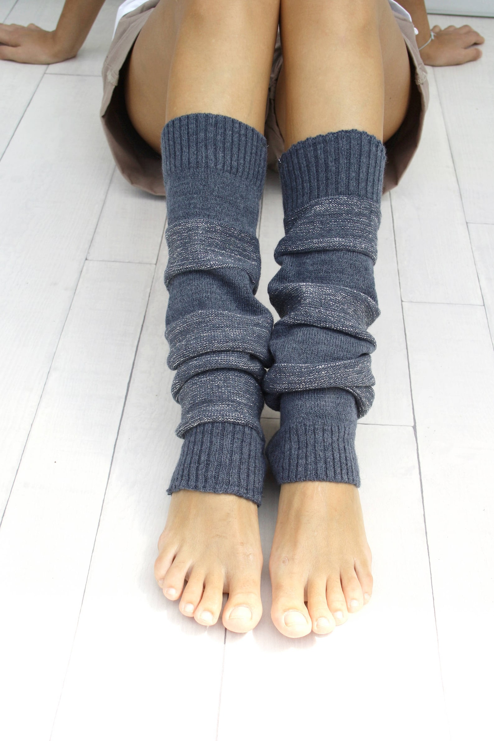 Leg Warmers Women, Indigo and Silver Shining Knit Striped Leg Warmers