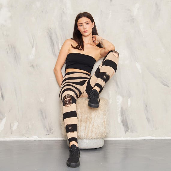 Black and Beige Knitted Striped Ripped Leggings Leggings for Women Clothing Gift Valentine s Day Gifts Gifts for Her