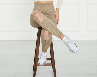 Milky Brown Knitted Stretch Ripped Leggings, Christmas Gifts, Gift For Her, Leggings for Women, Ripped Leggings, Dancing Leggings