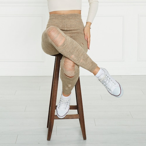 Milky Brown Knitted Stretch Ripped Leggings Mothers Day - Etsy