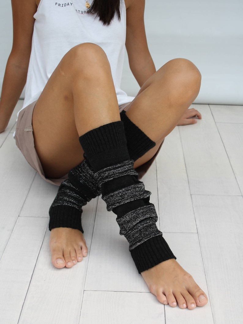 Leg Warmers Women Black and Silver Shining Striped Knit Leg Etsy