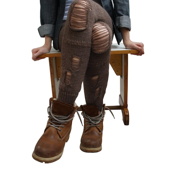 Brown Knitted Ripped Stretch Leggings, Knitting Leggings, Christmas Gifts, Gift For Her, Clothing Gift, Leggings for Women, Gift for Women