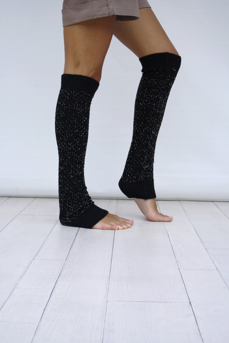 Black Knit Leg Warmers With Silver Shining Mix Honey Comb Etsy