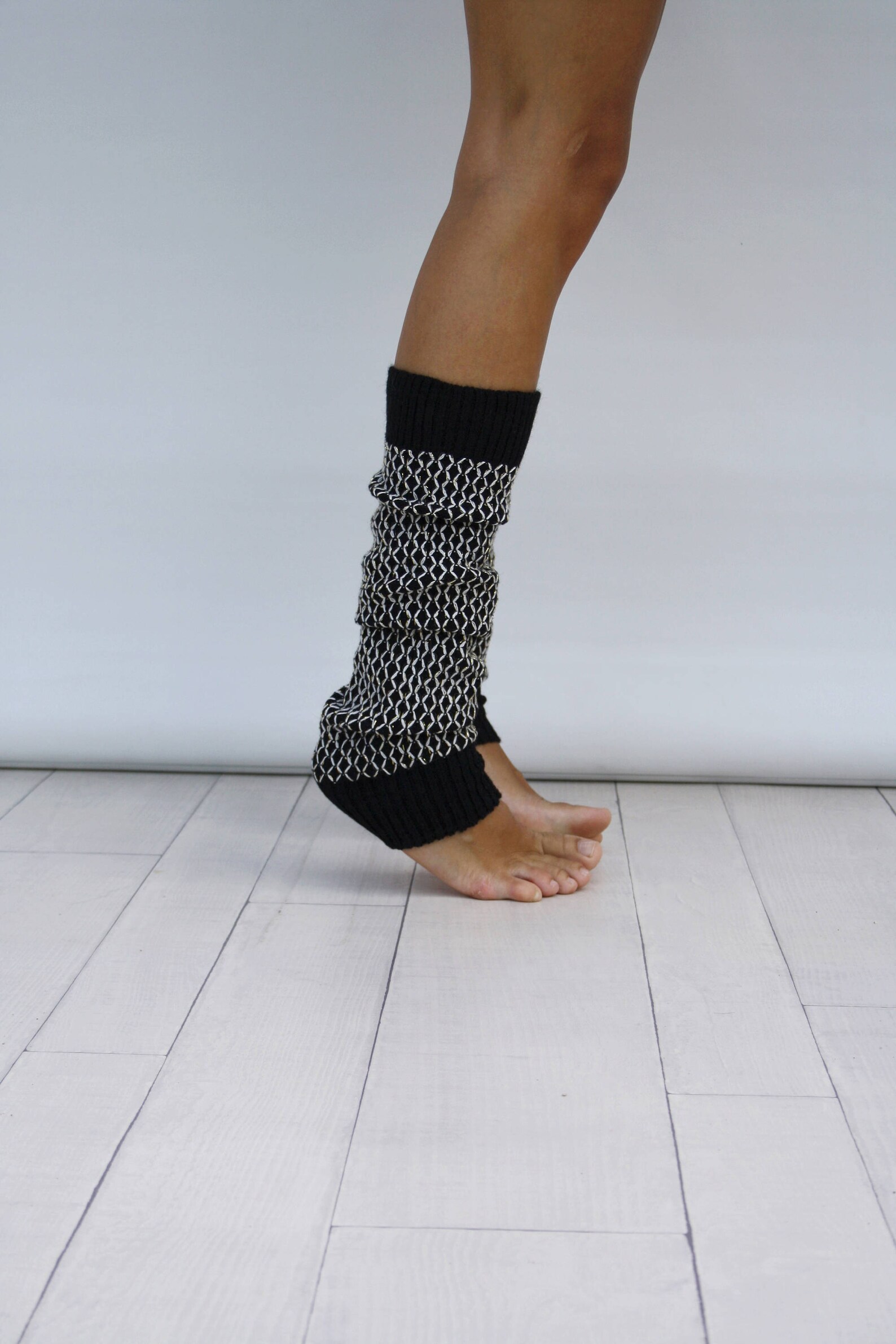 Black Knit Leg Warmers With Ivory and Gold Shining Mix Honey Etsy