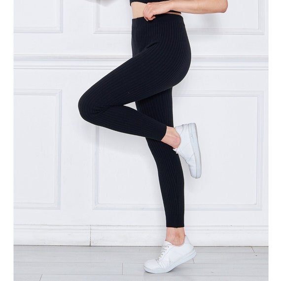 Black Ribbed Knitted Stretch Leggings, Workout Leggings, Leggings