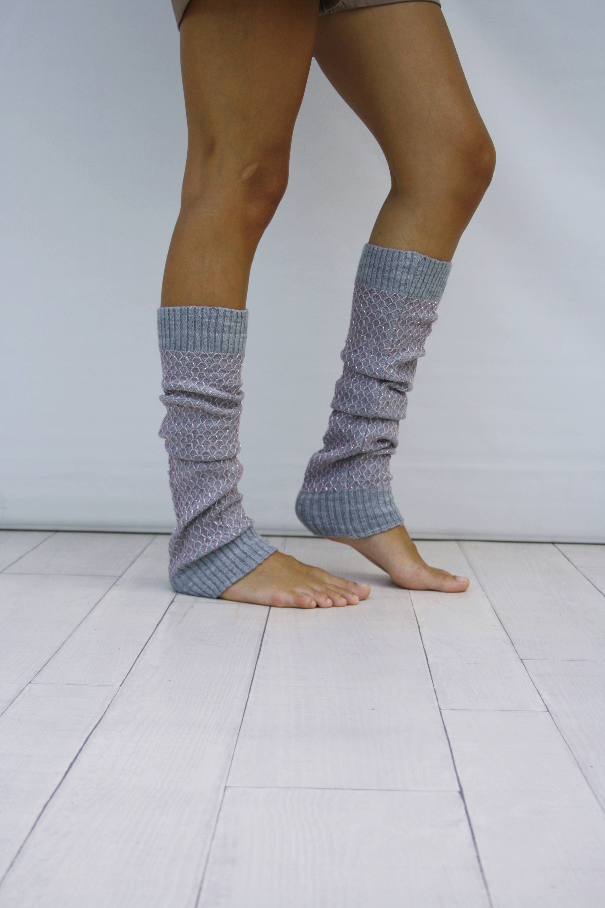 Gray Knit Leg Warmers With Pink and Silver Shining Mix Honey