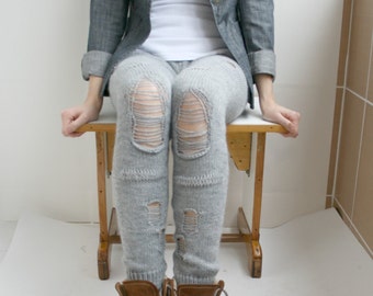 Silver Gray Knitted Stretch Ripped Leggings, Clothing Gift, Leggings for Women, Gift for Her, Christmas Gifts, Gift for Women