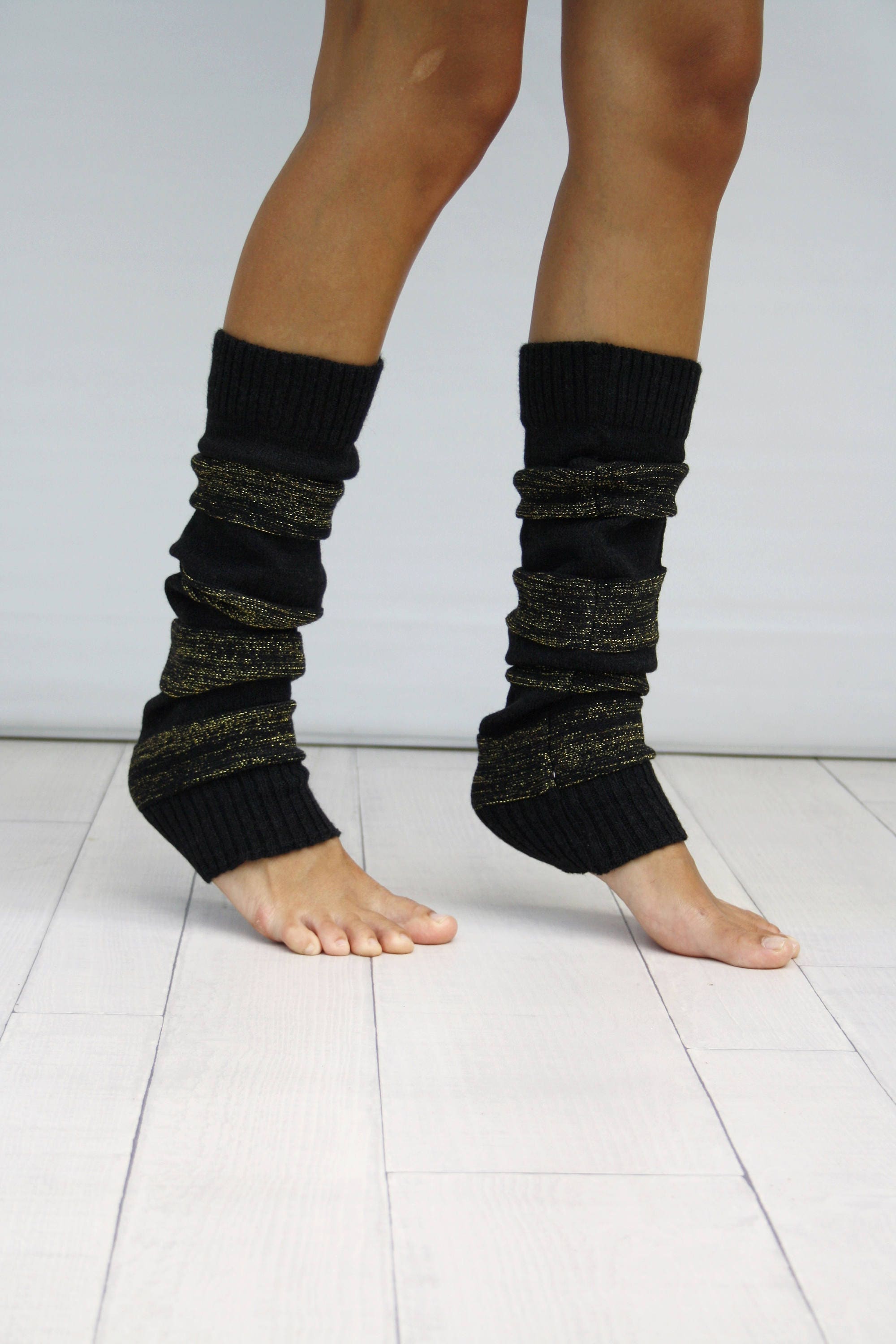Black and Gold Shining Striped Knitted Leg Warmers, Leg