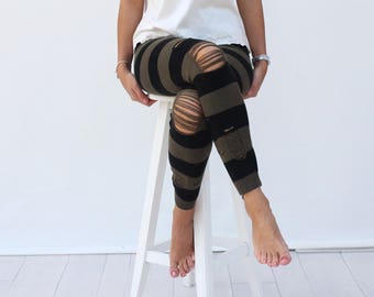 Black and Khaki Striped Ripped Knitted Leggings, Leggings for Women, Dancing Leggings, Christmas Gifts, Gift for Her, Woman Leggings