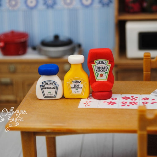 Bottle Ketchup Mustard Mayonnaise 1/6 scale miniature furniture dollhouse Fimo kitchen