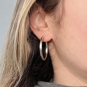 14K White Gold 15mm 25mm 35mm Diamond Cut and Polished Design Hoop Earrings, 3mm Thick, Texture Hoops, Tube Earrings, Women