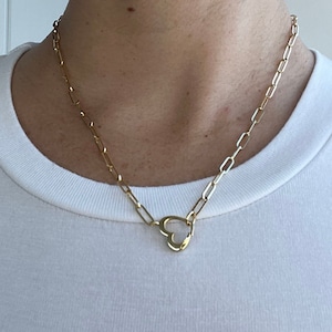 14K Yellow Gold 18&quot; Heart Push Lock Paperclip Necklace, Heart Charm Holder, Real Gold Paperclip Chain, Women