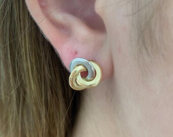 14K Two-Tone Gold Polished Love Knot Stud Earring, Yellow & White Open Center Knot Studs, Real Gold, Women