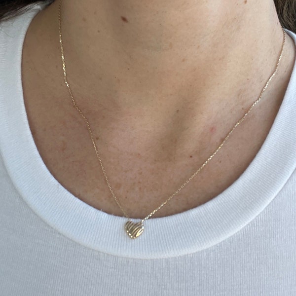 14K Yellow Gold Scribbles Heart Necklace, 18", Dalicate Chain With Heart Pendant, Real Gold Chain, White Gold, Rose Gold, Woman