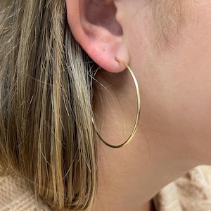 14K Yellow Gold 35mm Thin Polished Endless Continuous Hoop Earring, 1.2mm Thick ,Real Gold Hoop Earrings Gift for her