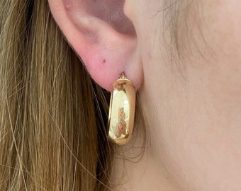 14K Gold Huggies Wide, Hollow Gold Chunky Hoops, Thick Hoop Earrings, 14K Yellow Gold Jewelry, Everyday Jewelry, Elegant Gift For Wife