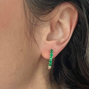 14K Yellow Gold Emerald Hoop Earrings, 3.00 Carat Weight, 20mm Hoops, 3.4mm Thick, Women Emerald Earrings