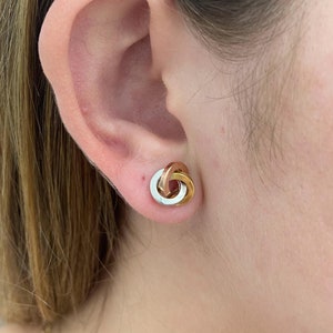 14K Tri-color Gold Polished Love Knot Stud Earrings, Yellow White Rose Gold Knot Studs, Real Gold, Women