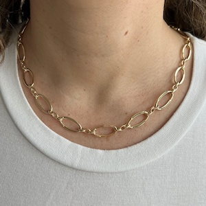 14K Yellow Gold 18&quot; Three Plus One Oval Link Chain 10mm Wide, Real Gold Chain, Women Necklace