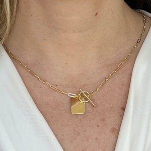 14K Gold Toggle Necklace, Rectangle Tag Necklace, Personalized Jewelry, Engraved Pendant, Necklaces For Women, Paperclip Necklace, Custom