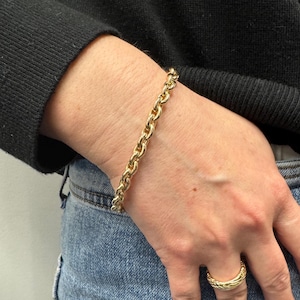 14K Yellow Gold 6.2mm Polished Oval Rolo Link Chain Bracelet, 7.5&quot; Real Gold Bracelet, Trendy Bracelet, Women
