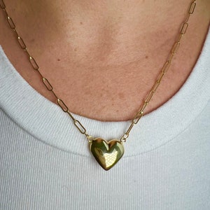14K Yellow Gold Puffed Heart Pendant On 2.5mm Paperclip Chain Necklace, 18&quot; Heart Chain, Real Gold Paperclip, Women