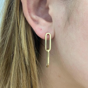 14K Yellow Gold Paperclip Drop Earrings for Women, Real Gold Jewelry, Elegant Everyday Accessories