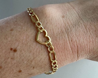 14K Yellow Gold 7" Heart On Lite Figaro Chain Bracelet, 4.5mm Wide Real Gold Bracelet, Women