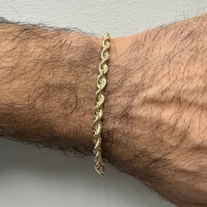 Solid 14K Yellow Gold 4.3mm French Rope Chain Bracelet, 8&quot;, Silk Rope Bracelet, Real Gold Bracelet, Unisex Bracelet