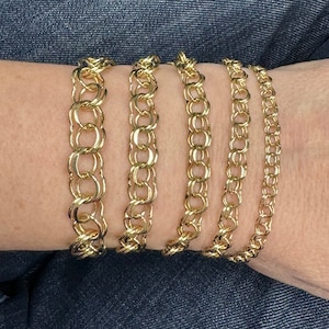 Solides 14K Gelbgold 3 mm 5,5 mm 7 mm 8 mm 10 mm Doppel-Link-Charmarmband, 6 &quot;7&quot; 8&quot; Echtgoldarmband, kleines rundes Gliederarmband, Frauen