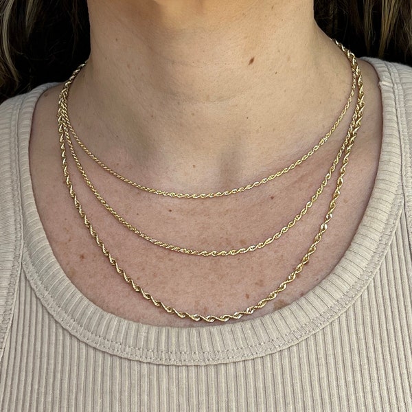 14K Yellow Gold Diamond Cut Rope Chain, 16" 18" 20" 22" 24", 1.5mm 2mm 2.5mm 3.2mm 4mm 5mm Thick, Lite Gold Chain, Real Gold Necklace, Women