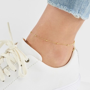 14K Yellow Gold Diamond Cut Bead Station Adjustable Anklet 10&quot; Long, 2mm Wide, Gift For Her, Handmade Jewelry, Anklets For Women