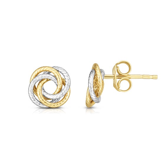14K Two-Tone Gold Textured Multi Row Love Knot Studs (9mm), Yellow & White Real Gold Earrings, Women