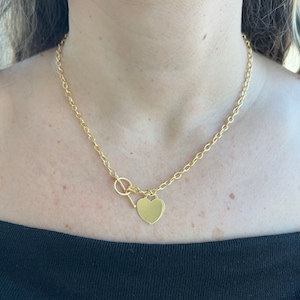 14K Yellow Gold 17&quot; Heart Charm Toggle Oval Link Chain, 3.3mm Wide, Real Gold Chain, Women
