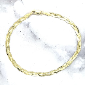 Solid 14K Yellow Gold 7&quot; Braided Herringbone Bracelet with Lobster Clasp, 3.2mm Wide, Serpentine Chain, Real Gold Bracelet, Women