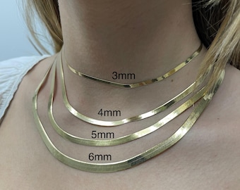 Herringbone Necklace, 14K Solid Gold Chain, Yellow Gold Jewelry, Flat Chain Necklace, Elegant Chain, Layering Necklace, Wedding Gift