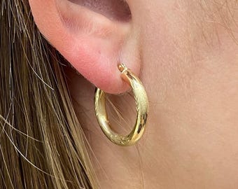 14K Yellow Gold Diamond Cut Textured Design Hoop Earring, 3mm Thick, sizes 15mm 20mm 25mm 35mm, Gift For Her