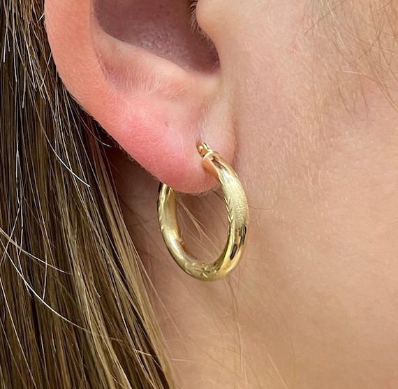 14K Yellow Gold Diamond Cut Textured Design Hoop Earring, 3mm Thick, sizes 15mm 20mm 25mm 35mm, Gift For Her