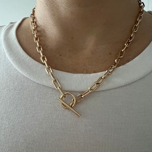 14K Gold Paperclip Necklace, Hollow Gold Toggle Necklace, 18.5&quot; Real Gold Chain, Womens Jewelry, Statement Necklace, Layering Necklace,T Bar