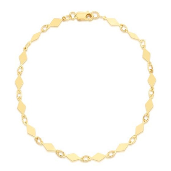 Solid 14K Yellow Gold 7" Diamond Shape Mirror Bracelet, 3mm Wide, Real Gold Chain Bracelet, Women