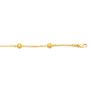 14K Yellow Gold 10&quot; Puffed Heart Station Anklet, Real Gold Anklet, Body Jewelry, Women Gold Anklet