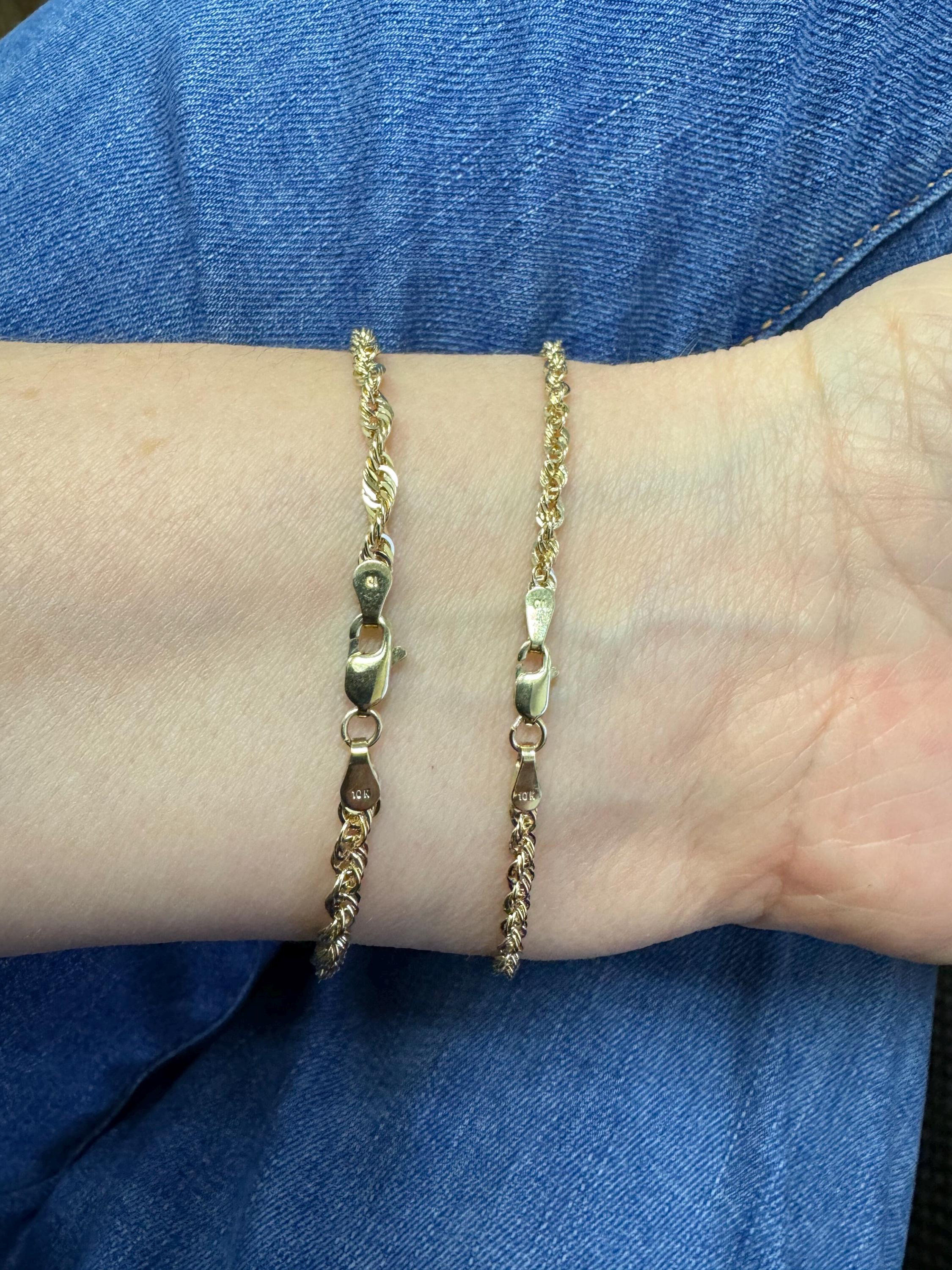 10K Yellow Gold Lite Rope Bracelet, Diamond Cut Rope Chain