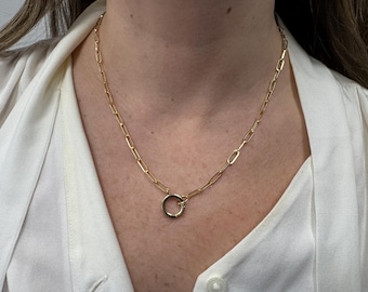 14K Yellow Gold Paperclip Chain Necklace: Minimalist Charm Holder Design, Push Clasp Hollow (18", Elegant Gift)